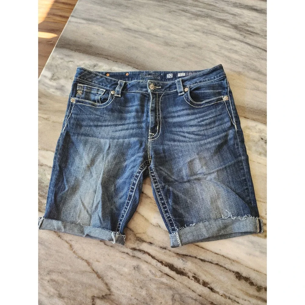 Miss Me Cut Off Bermuda Denim Shorts Blue Size 32 Thick Stitch